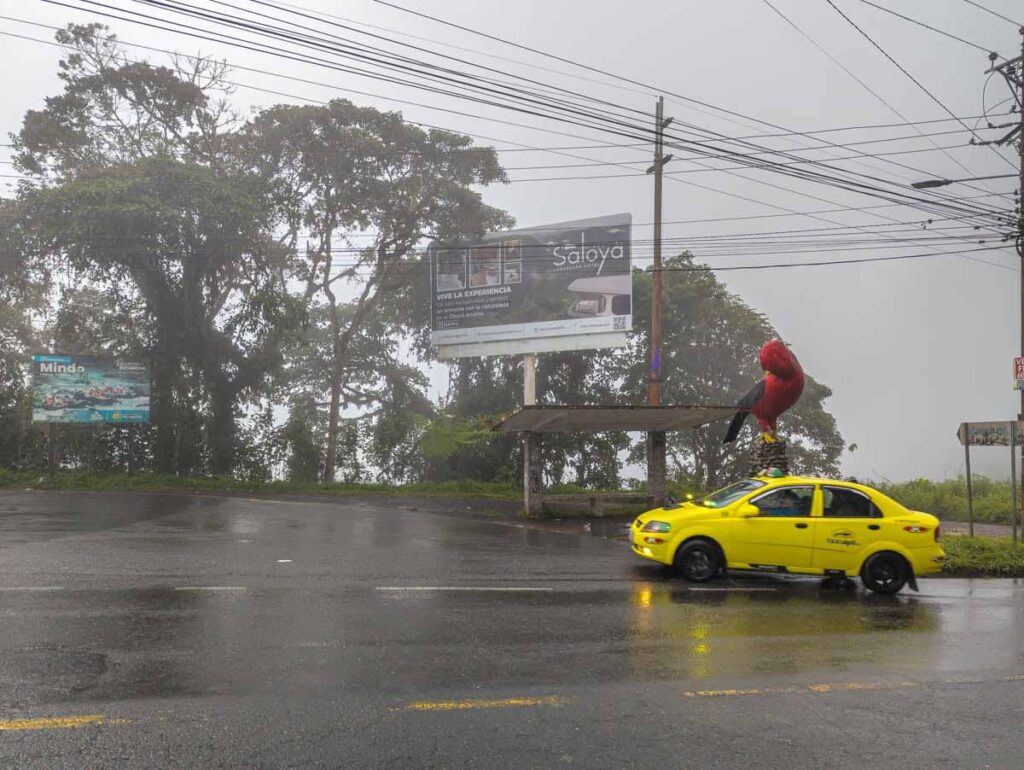 On a rainy day, a yellow taxi pulls up to the covered waiting area along the drop off point for the bus to Mindo from Quito Ecuador. Power lines and two billboards are in the background.