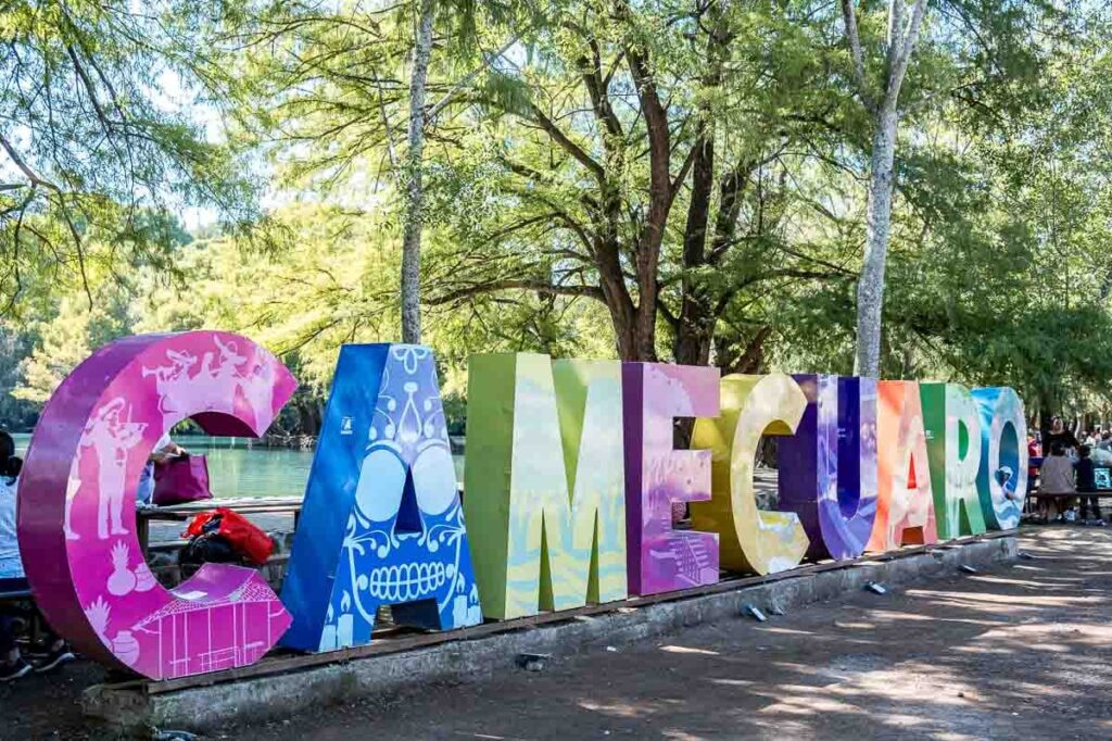 A big colorful sign of the letters of Camecuaro in Michoacan.