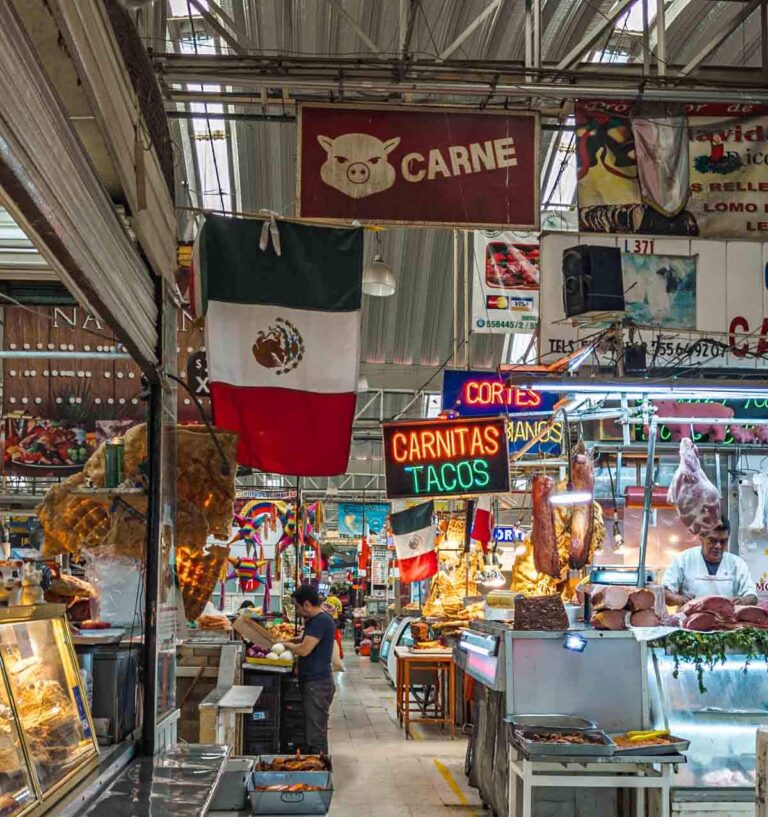 In the meat section at the Medellin Market in CDMX, neon signs advertise carnitas tacos, and other cuts of meat. Also hanging are large pieces of chicharron and a Mexican flag.
