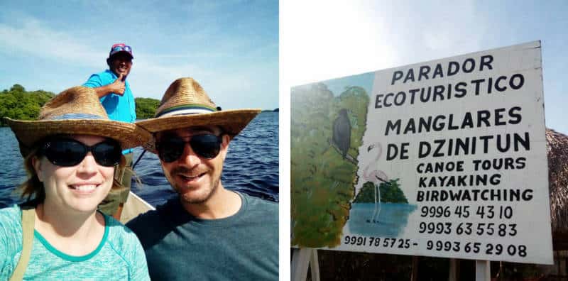 JT and Julien on the Celestun flamingo tour with guide José. And an image of the sign for Mangroves of Dzinitun which includes the contact phone number +52 999-645-4310
