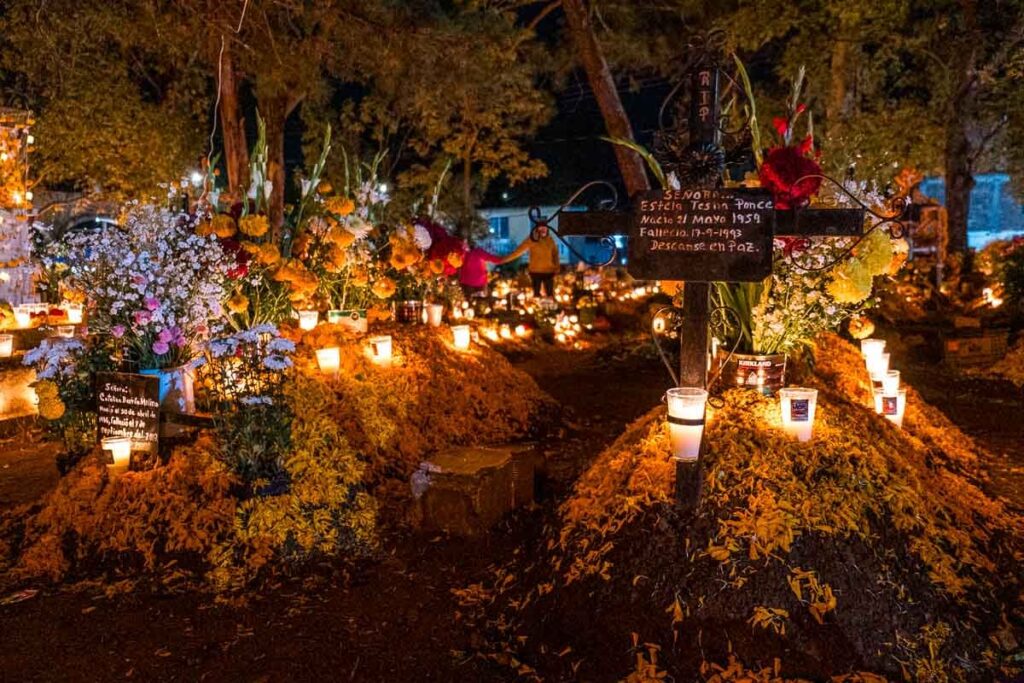 Graveyard with cross at the cemetery on the Dia de Muetos in Michoacan.