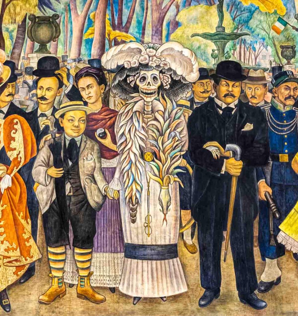 Closeup view of Sunday Afternoon in Alameda Park, one of the most famous Diego Rivera murals in Mexico City depicts a catrina figure holding the hand of Rivera as a child with Frida Kahlo in the background and surrounded by other important figures..