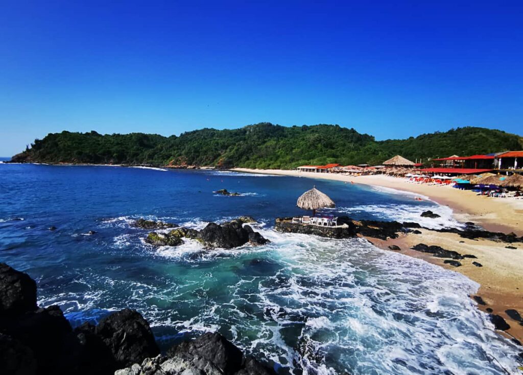 In this overhead shot of Coral Beach, Ixtapa Island shades of dark blue water turn to turquoise in the cove which is lined with thick green trees on one end. In the shallow waters there are several people snorkeling in front of the restaurants on the beach.