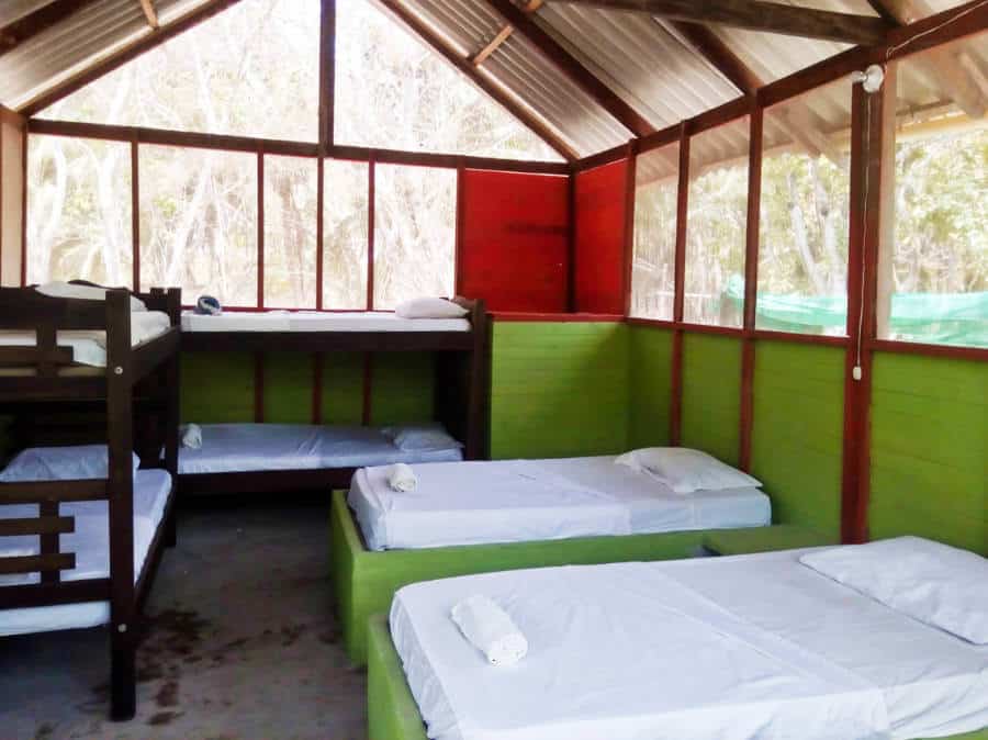 Freshly made beds in an open shared cabin at Eco Hotel Las Palmeras. Large screens on the upper portion of the building create a nice breeze.