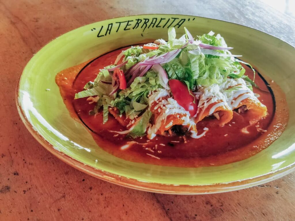 At La Terracita, one of the best restaurants for breakfast in Zihuatanejo, a plate of enchiladas is served on a vibrant green plate. The enchiladas are generously topped with a bright red sauce, drizzled with white cream, and sprinkled with fresh cheese. Shredded lettuce and red onion slices adorn the top, adding a pop of color.