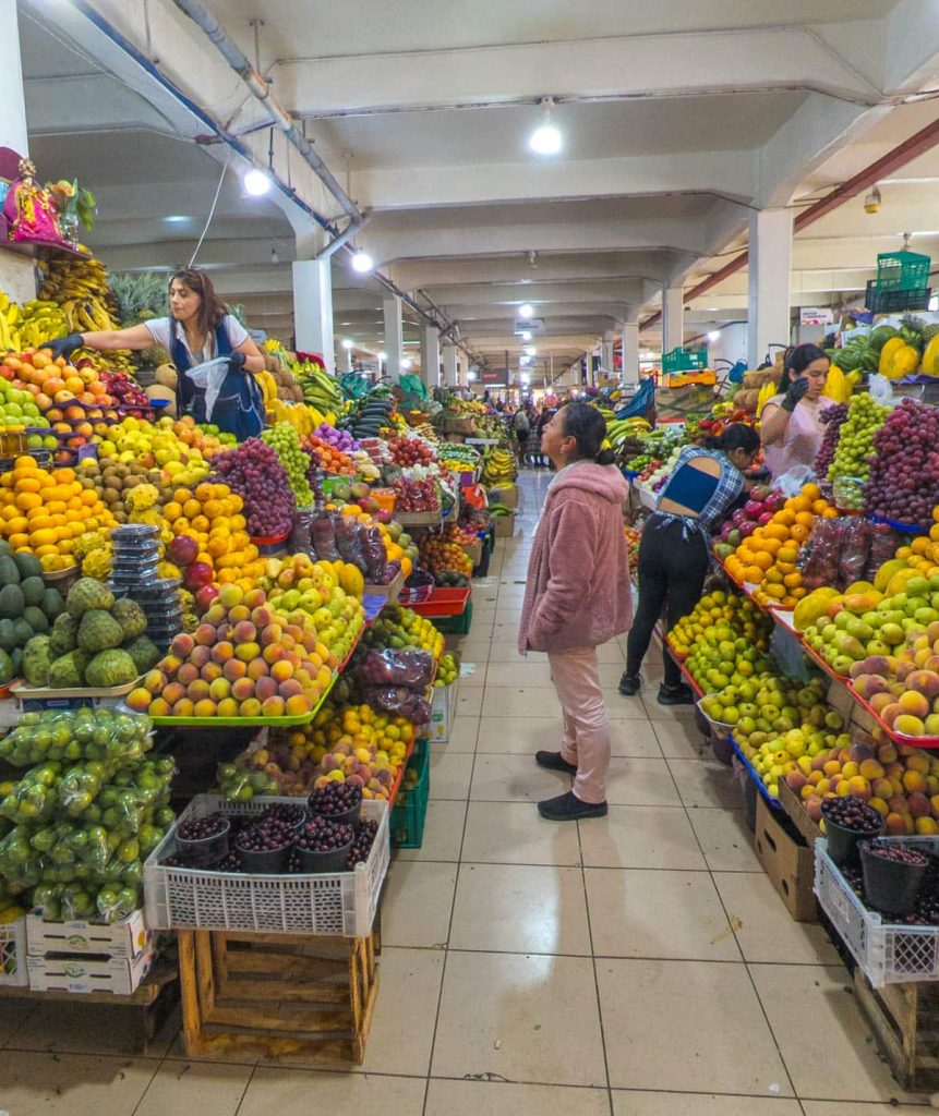 Aisles packed with fresh tropical fruits inside one of the main mercados in Cuenca, with people shopping for piles of apples, peaches, grapes, and more.