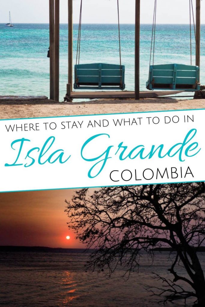 Porch swings overlooking the water and a tree silhouetted by the sunset by the sunset with the words Where to stay and what to do in Isla Grande, Colombia to post on Pinterest.