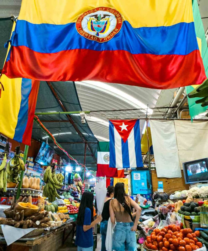 At the Medellin Market in Mexico City, customers shop for fruit. Above them are flags from different Latin countries hanging from the ceiling.