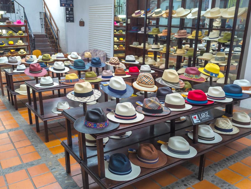 Colorful display of finished Panama hats in Cuenca arranged by size and style inside a museum shop dedicated to this traditional Ecuadorian craft.