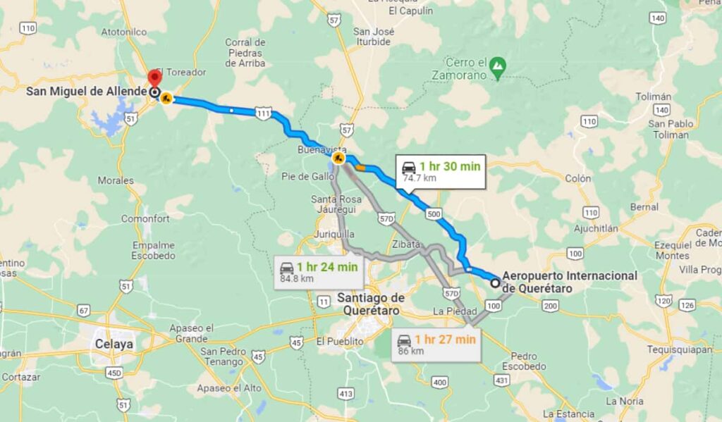 A Google maps screenshot of the route from the closest airport to San Miguel de Allende, Queretaro International Airport.