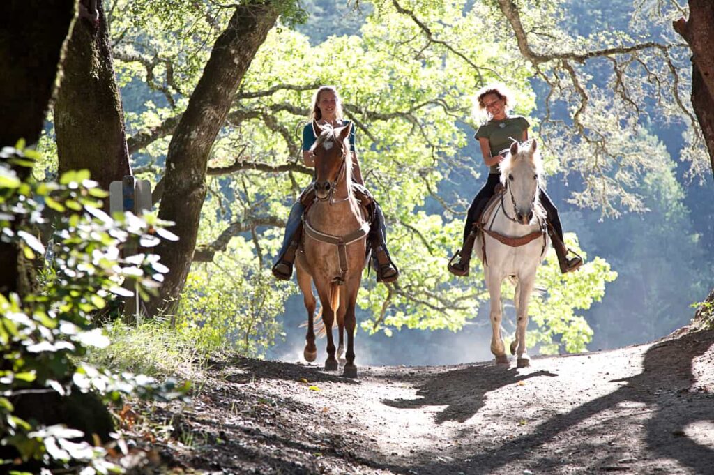 Two young women ride horses on a trail during a San Miguel de Allende horseback riding tour. The trail is dirt and lined with trees.