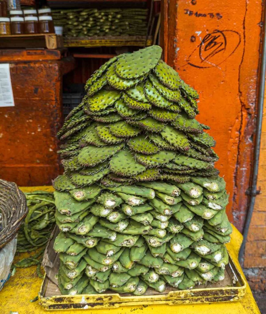Stacked nopal cactus with spines at a market in Mexico City.