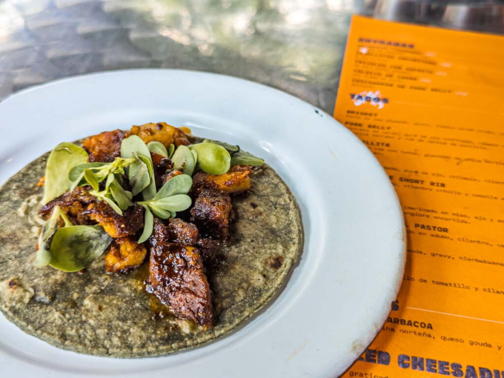 At Tizne taqueria in Mexico City, an artisenal taco of ribs is topped with green verdolagas. The orange menu is in the background.