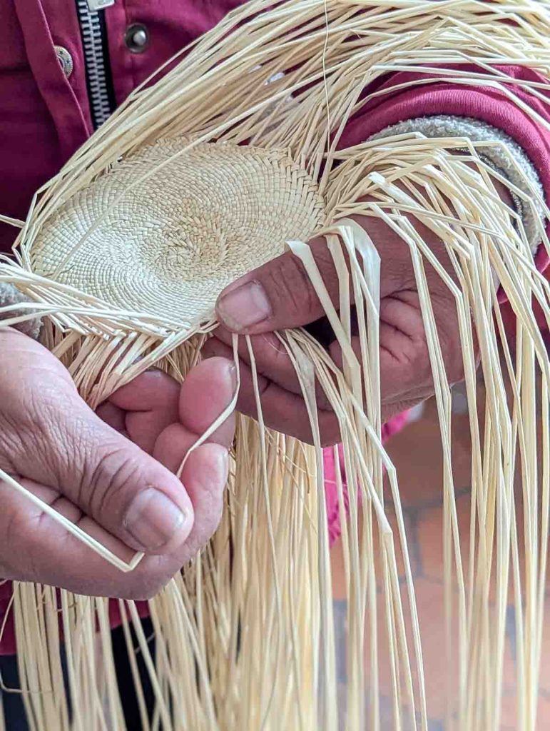 Close-up of a skilled artisan weaving the center of a Panama hat in Cuenca, showing the detailed toquilla straw craftsmanship.